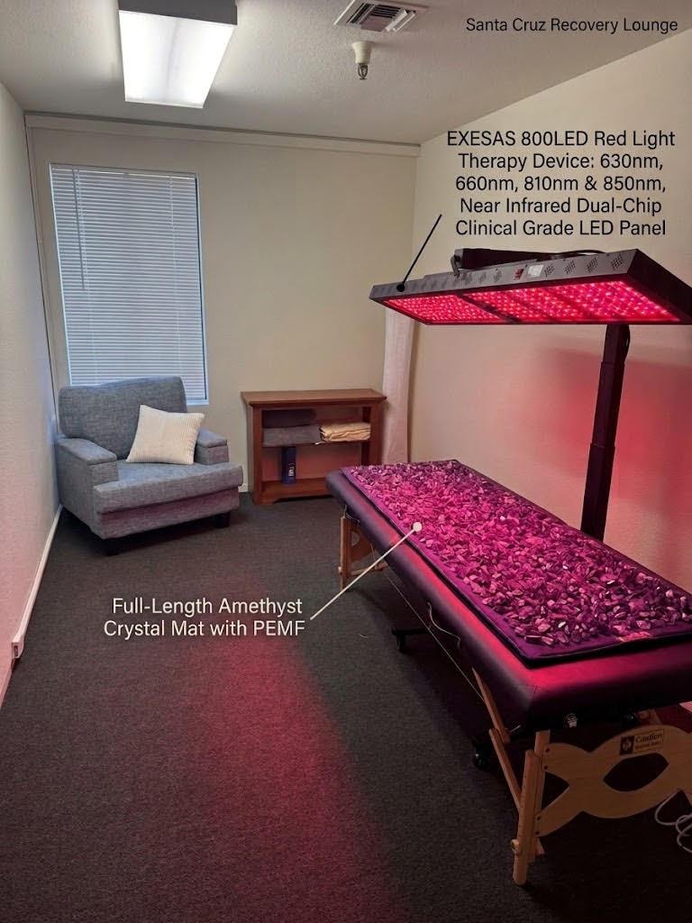 Client using a full-body red light therapy panel